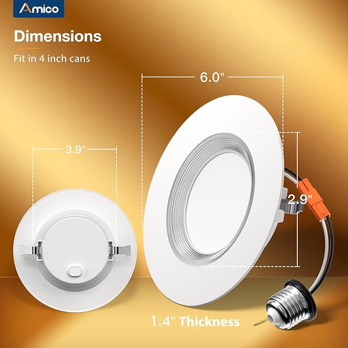 Amico 12 Pack 4 inch 5CCT LED Recessed Lighting with Night Light, 8W=60W, 700LM Can Lights with Baffle Trim, Dimmable, Retrofit Downlight, 2700K/3000K/3500K/4000K/5000K Selectable - ETL & FCC