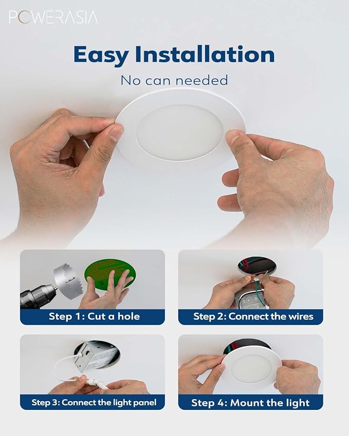 POWERASIA 12 Pack 4 Inch Ultra-Thin LED Recessed Ceiling Light with Junction Box, Recessed Lighting 4 Inch 5000K Dimmable Daylight, 9W 110W Eqv, 850LM High Brightness - ETL and Energy Star Certified