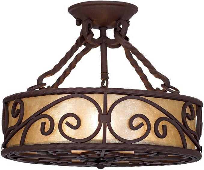 John Timberland Natural Mica Collection Rustic Ceiling Light Semi-Flush Mount Fixture Deep Walnut Scroll 15" Wide Drum Shade for House Bedroom Hallway Living Room Bathroom Dining Kitchen