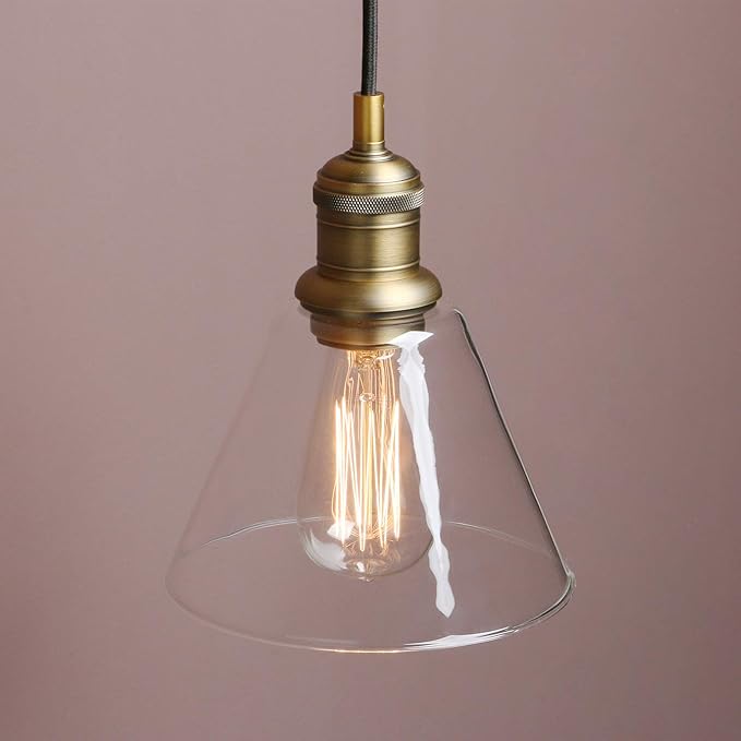 Yosoan 1-Light Vintage Edison Hanging Pendant Light, Mini Funnel Flared Glass Clear Glass Shade for Kitchen Bathroom Porch Living Room Dinning Room Office Restaurants Hotels Bar Island (Antique)