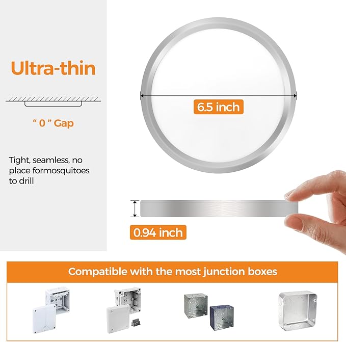 1PACK LED Flush Mount Ceiling Light Fixture, 3000K-4000K-6500K & 100W Equivalent Modern Kitchen Recessed Ceiling Lamp 12W 1200Lm 6.5 Inch Closet Round Surface for Bathroom Laundry-Brushed Nickel