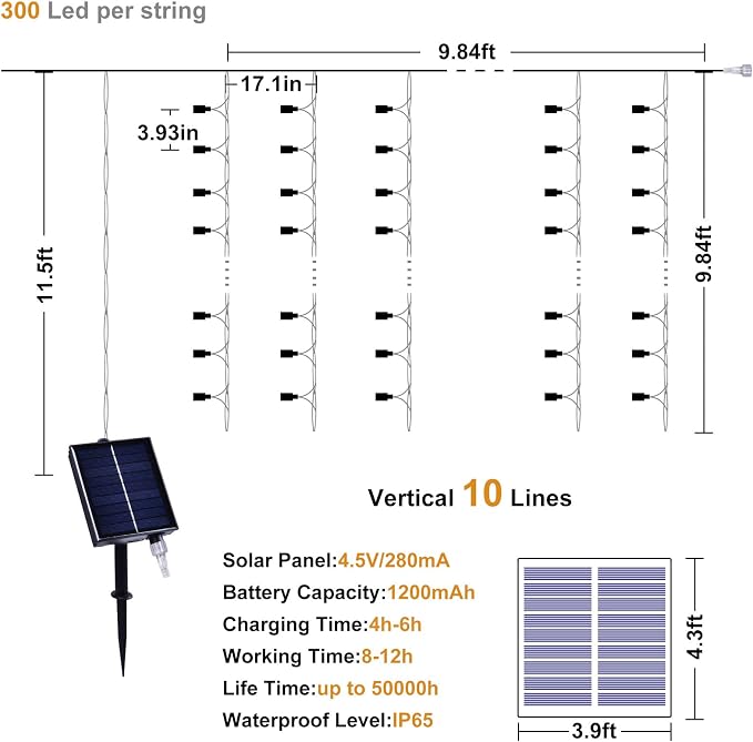 300 LED Solar Curtain Lights USB & Solar Dual Powered 8 Modes Waterproof Fairy Window Lights Twinkle for Home Indoor Outdoor Use Patio Christmas Decoration (Multi-Colored)