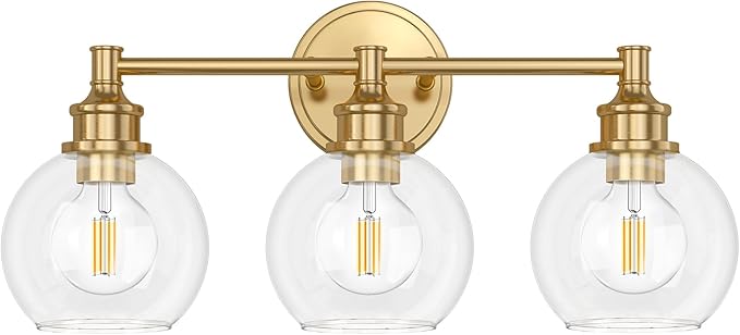 Bathroom Light Fixtures, 3-Light Brushed Gold Vanity Light Globe Glass Shades, Bathroom Lighting Fixtures Over Mirror, Wall Sconces for Master Bathroom, Guest Bathroom, Powder Room, 20-inch