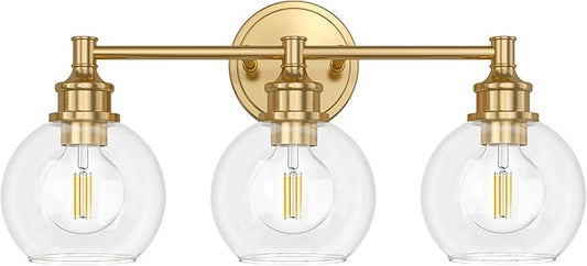 Bathroom Light Fixtures, 3-Light Brushed Gold Vanity Light Globe Glass Shades, Bathroom Lighting Fixtures Over Mirror, Wall Sconces for Master Bathroom, Guest Bathroom, Powder Room, 20-inch
