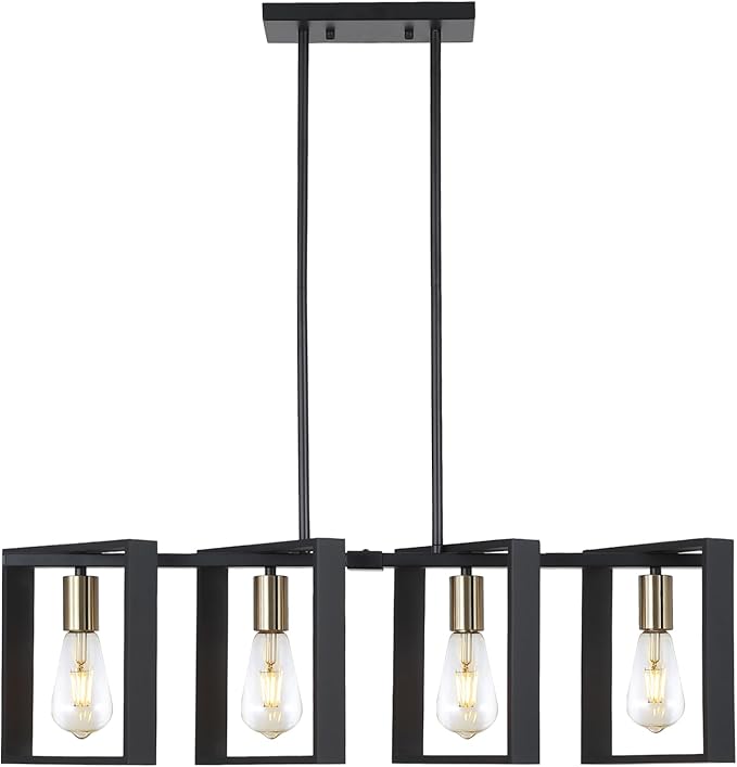 9MMML 4 Lights Wood Chandelier,Industrial Rectangle Linear Dining Room Pendant Light, Black Wood Frame+Gold E26 Socket,Kitchen Island Light for Hallway Bar Pool Table, Height Adjustable