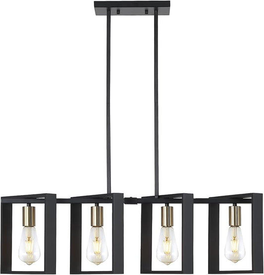 9MMML 4 Lights Wood Chandelier,Industrial Rectangle Linear Dining Room Pendant Light, Black Wood Frame+Gold E26 Socket,Kitchen Island Light for Hallway Bar Pool Table, Height Adjustable