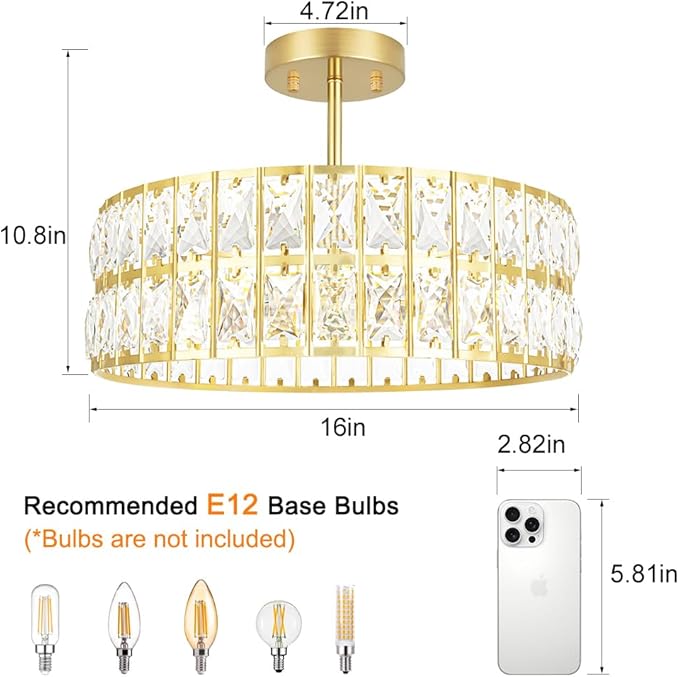 Crystal Ceiling Light Fixture, Modern Brushed Gold Ceiling Light Chandelier, Semi Flush Mount Chandelier Lighting Fixture for Kitchen Entryway Living Room Dining Room, 5-Light, 16 Inch