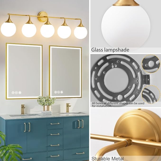 Gold Bathroom Light Fixtures, Modern Vanity Lights Over Mirror, Brushed Brass Wall Sconce Lighting 5-Light with Milky White Glass Ball Shades