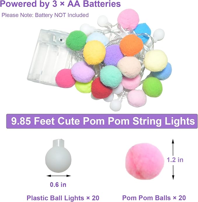 ChiRee 9.85FT String Lights with 20 Cute Pompoms 20 Colorful Ball LED Indoor String Lights Battery Operated with Timer for Home Bedroom Kids Playhouse Birthday Wedding Party Holiday Christmas