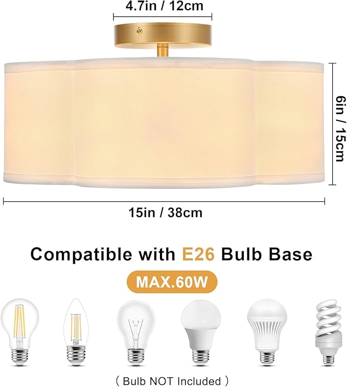 Gold 4-Light Semi Flush Mount Ceiling Light, White Fabric Close to Ceiling Light Fixtures, Clover Drum Ceiling lamp for Bedroom, Hallway, Kitchen, Corridor, Lanudry Room, Nursery