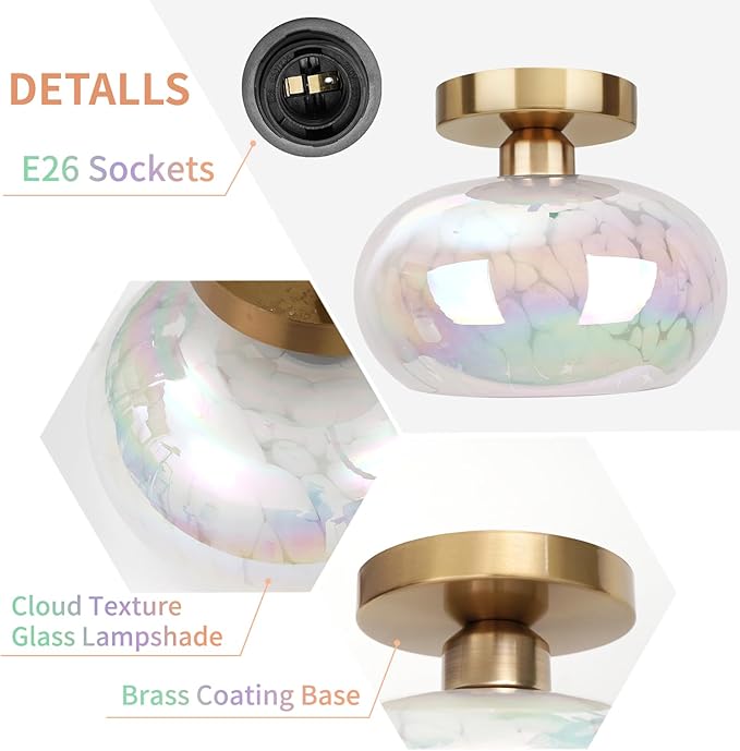 FRIDEKO HOME Glass Ceiling Light - Farmhouse Hallway Lighting Fixtures Ceiling Semi Flush Mount Ceiling Light Fixture for Kitchen Bathroom Entryway Porch (Rainbow-8.66 inch)