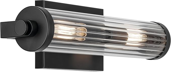 KICHLER Azores 16" 2-Light Wall Sconce, Vintage Industrial Light with Clear Fluted Glass in Black, for Hallways, Bathroom, Laundry Room, or Kitchen (16" x 4.5"), 45648BK
