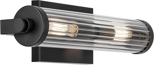 KICHLER Azores 16" 2-Light Wall Sconce, Vintage Industrial Light with Clear Fluted Glass in Black, for Hallways, Bathroom, Laundry Room, or Kitchen (16" x 4.5"), 45648BK