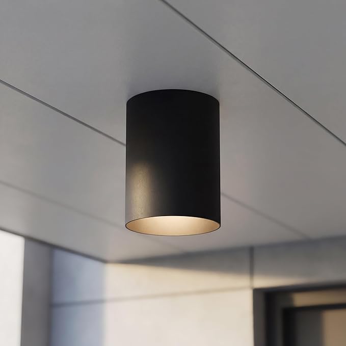Progress Lighting 5-Inch Cylinder Outdoor Ceiling Light, 1-Light Modern Flush Mount Ceiling Light Fixture, Interior and Exterior Lighting for Home or Porch, Aluminum Construction, Black (P5774-31)