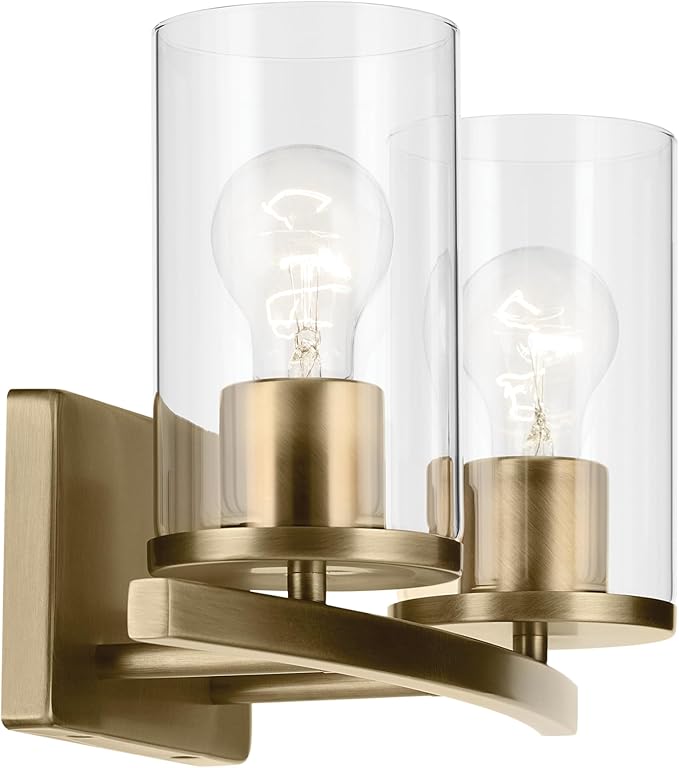 Kichler Crosby 15.25" 2-Light Bathroom Vanity Light Fixture with Clear Glass in Natural Brass for Powder Room, Modern Wall Mount Light (15.25" x 8.75"), 45496NBRCLR