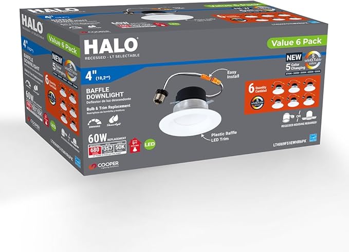 HALO 4 inch LED Recessed Lights with Selectable Color Temperature Dimmable Baffle Can Light Trim 6-Pack for Indoor Outdoor Ceiling Installation LT4069FS1EWHR 6-Pack