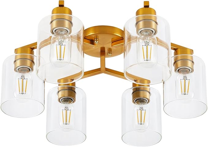 Gold Kitchen Lighting Fixtures Ceiling Dining Room Light Fixtures Brass Kitchen Ceiling Light Fixture Large Chandelier for Living Room Semi Flush Mount with Clear Glass Shade