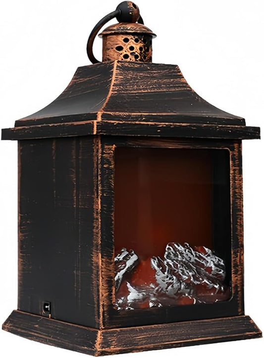 Simulated LED Fireplace Lantern USB & Battery Powered Flameless Light with Emulation Flame Table Decorative Lamp Copper Fireplace Ornament for Cozy Home Decor Free Standing Electric Log Burner