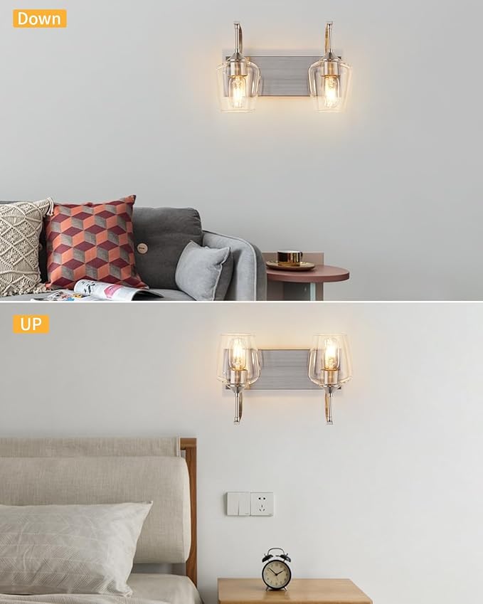 Brushed Nickel Bathroom Light Fixtures Bathroom Vanity Light with Clear Glass Shade, 2-Light Modern Wall Lights for Bedroom Hallway Living Room (E26 Base)
