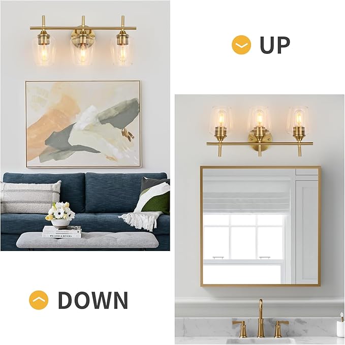 Bathroom Vanity Light Fixtures, 3-Lights Over Mirror Modern Vanity Lighting with Clear Wine Glass Shade Wall Lamp for Bedroom Hallway Living Room (Gold, 3-Light)