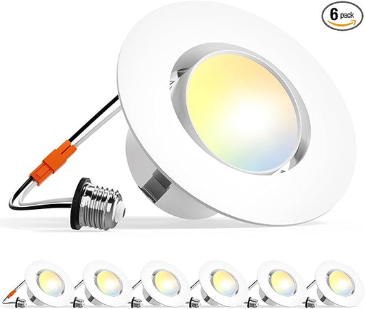 Amico 4 Inch Retrofit Eyeball Gimbal Can Lights 6 Pack, Metal Trim, 5CCT LED Recessed Lights Directional Angled Adjustable Ceiling Downlight, 10W=90W, 900 LM- ETL&FCC