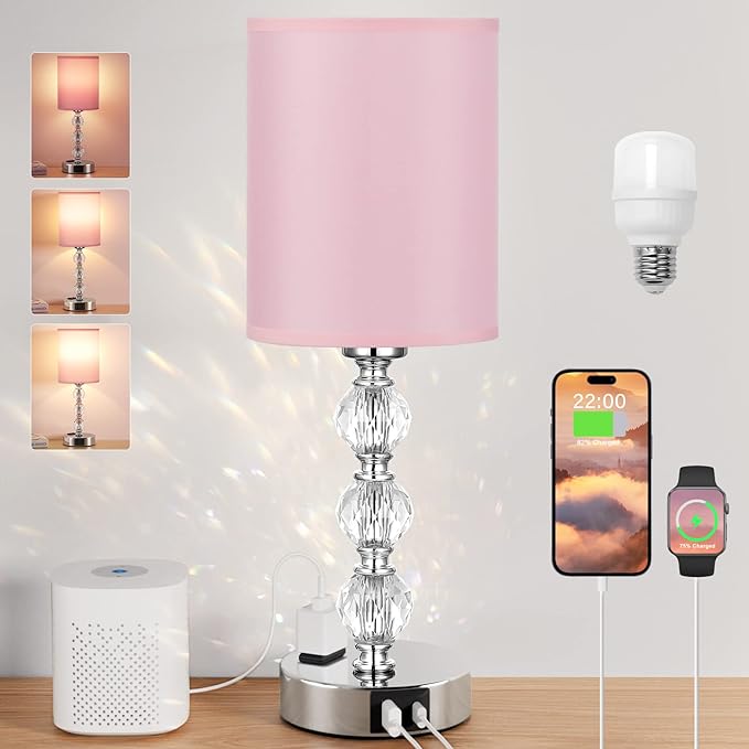Pink Touch Bedside Lamps for Bedrooms - Crystal Table Lamp with USB C+A Charging Port and AC Outlet Nightstand, 3 Way Dimmable Silver Small End Side Table Lamp for Living/Guest/Dinning Room/Kitchen