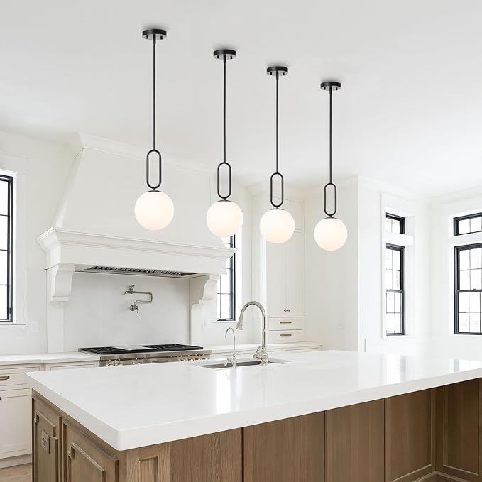 Modern Black Globe Pendant Light Milky White Globe Glass Shade 2 Pack Adjustable Rods Hanging Ceiling Light Fixtures for Kitchen Island Living Room