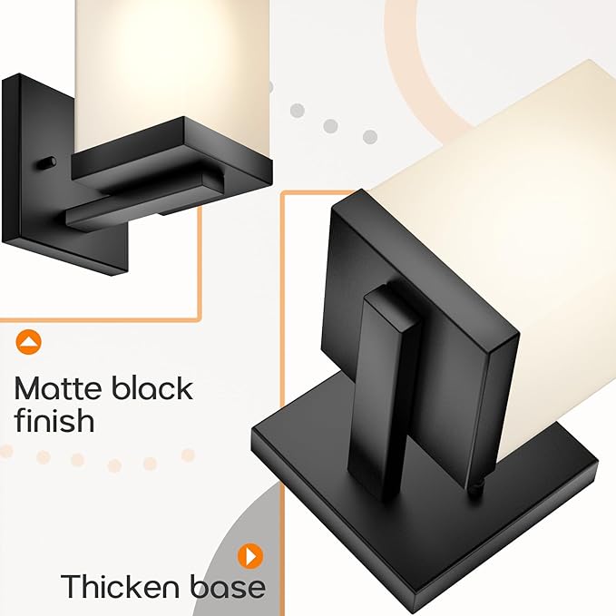 Wall Lights Matte Black Bathroom Vanity Lighting Fixtures Over Mirror with White Frosted Glass Shade, Wall Lamps for Porch Entrance, 2 Pack T003MB-L1-P2