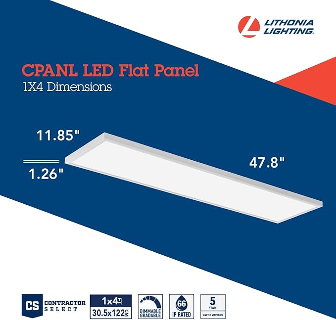 Lithonia Lighting CPANL 1x4 LED Flat Panel Light, 1 Ft. x 4 Ft. LED Light Panel, Ceiling Lighting Fixture, 2400/3300/4400 Adjustable Lumens, 3500K/4000K/5000K Switchable CCT, White