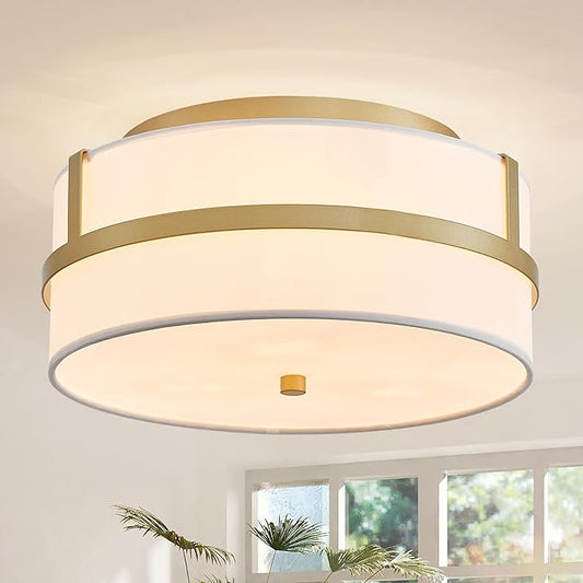 Modern Flushmount Ceiling Light, Chic Style Close to Ceiling Light Fixture for Living Room, Bedroom, Dining Room, Kitchen, D12 x 5.9 in, Drum Shape, White Fabric Lampshade & Gold Finish Frame