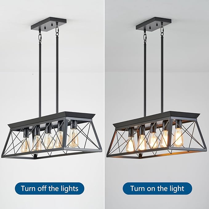 HuixuTe 5-Light Farmhouse Pendant Light for Dining Room, Rustic Kitchen Island Lighting, Adjustable Height Chandeliers for Kitchen, Dining Room Table Black