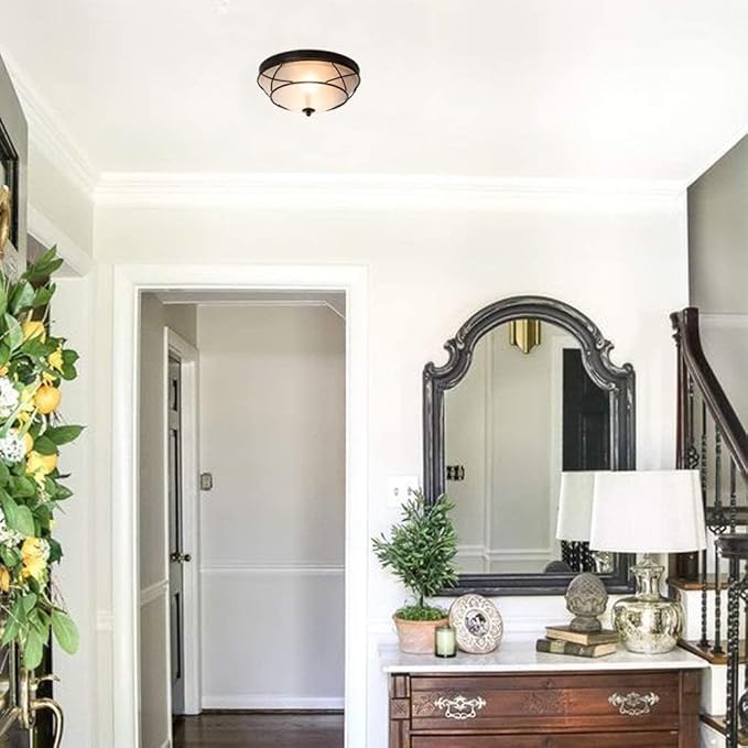 12" Black Classic Dome Flush Mount Ceiling Lights Set of 2, Frosted Glass 2-Light Bronze Lighting Fixtures, Farmhouse Rustic Ceiling Lamps for Living Room Kitchen Bedroom Hallway Staircase