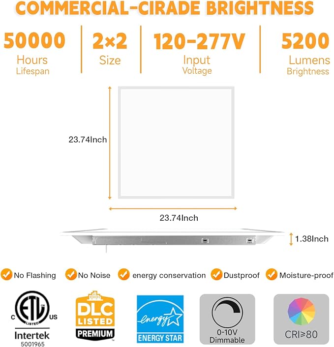 OKQ 2x2 LED Flat Panel Light Drop Ceiling Office Fixture,5 CCT 3000K-6500K Adjustable & 5 Wattage Selectable, 0-10V Dimmable, 2X2 LED Flush Mount Ceiling Light,ETL Listed 4 Pack