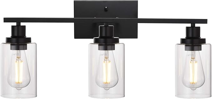 MELUCEE Bathroom Vanity Light Fixtures 3 Lights Wall Sconce Black with Clear Glass Shade for Bedroom Living Room Hallway Kitchen (Patent No.: US D963914 S)