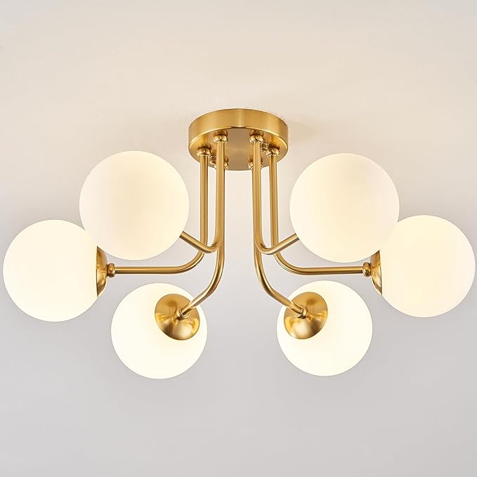 Modern Semi Flush Mount Ceiling Light,Gold White Glass Shade Semi Ceiling Light 6-Light,Sputnik Chandeliers for Bedroom Living Room Hallway Dining Room Lighting Fixture