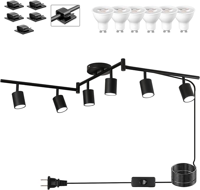 Plug in Track Lighting Kit, 120cm LED 6 Light Kitchen Track Lighting, Corded Wall Light with 16.4ft Cord, 6 Way Ceiling Spot Lighting Flexibly Rotatable Head Includes 6 x GU10 Bulb (6-Black-120cm)
