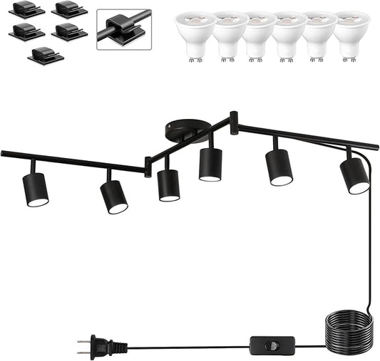 Plug in Track Lighting Kit, 120cm LED 6 Light Kitchen Track Lighting, Corded Wall Light with 16.4ft Cord, 6 Way Ceiling Spot Lighting Flexibly Rotatable Head Includes 6 x GU10 Bulb (6-Black-120cm)
