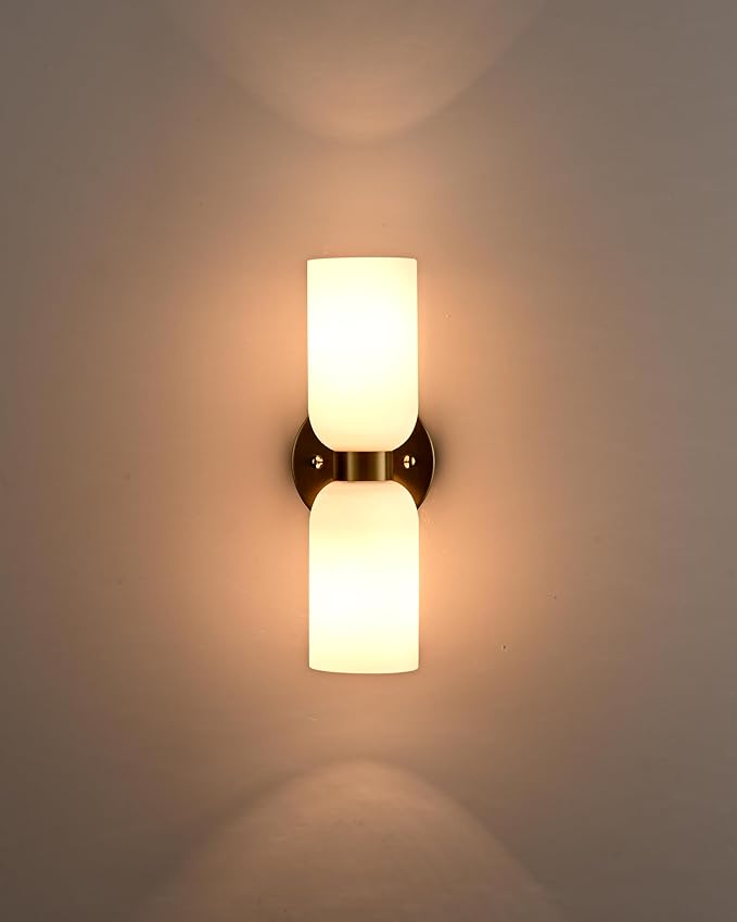 DANSEER Modern Gold Wall Sconce Set of Two, Wall Light with Milky White Glass Shades, Brushed Gold Finish for Bedroom or Vanity Light for Bathroom, Hardwired Installation