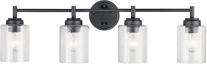 Kichler Winslow 30" 4-Light Bathroom Vanity Light Fixture with Clear Seeded Glass in Black, Modern Industrial Style for Bathroom and Powder Room, (30" x 9.25" x 6.5"), 45887BK