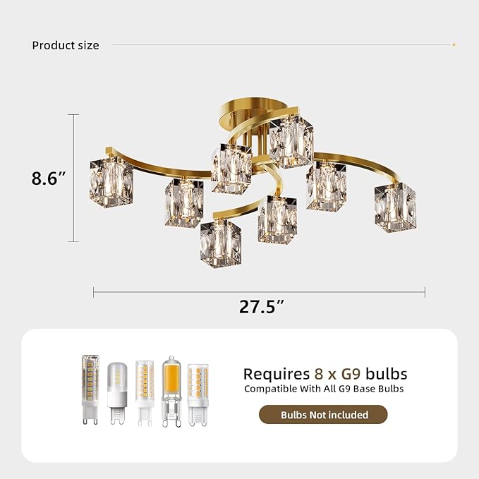 Semi Flush Mount Ceiling Light Fixture with 8-Light, Gold Modern Sputnik Chandeleirs Crsytal Ceiling Light for Dining Room, Bedroom, Living Room, Hallway,Entryway,Kitchen