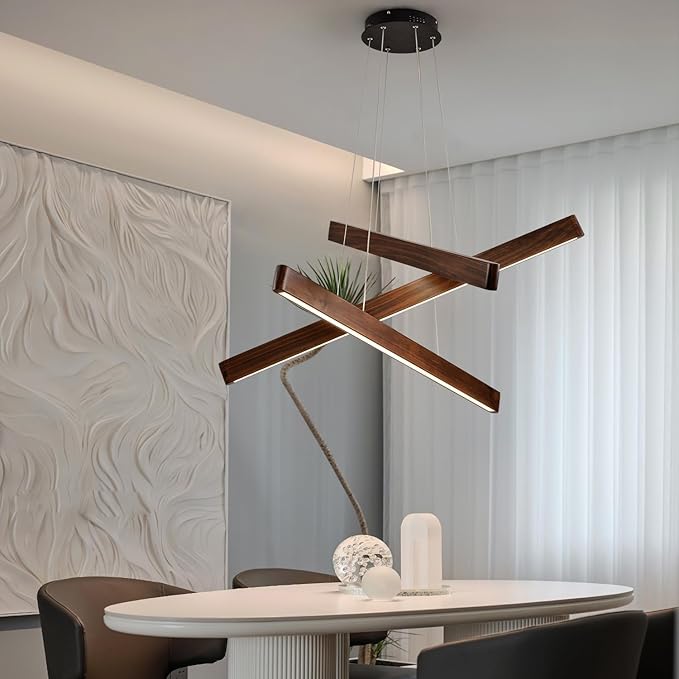 YISDESIGN 3-Light Linear Pendant,Dining Room Light Fixture,Modern Led Chandeliers for Living Room,Dimmable Wood Ceiling Pendant Light,45W for Living Room,Dining Room,Kitchen Island,Walnut Color