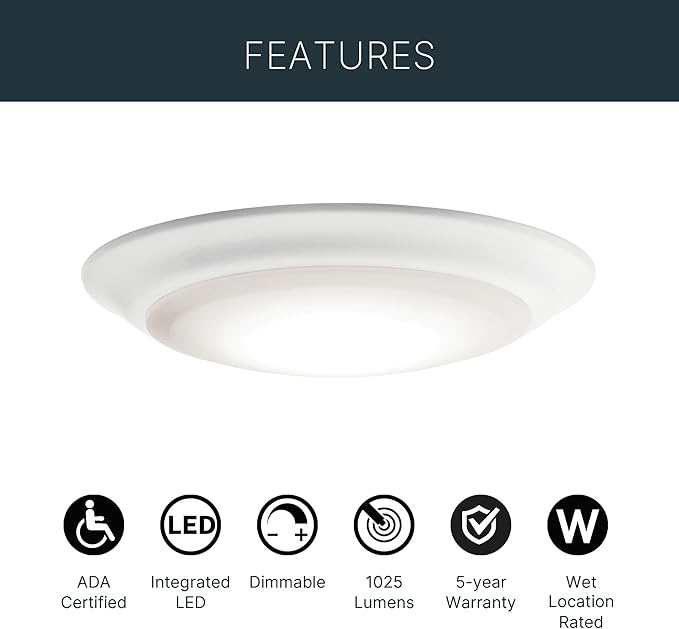 Kichler Horizon 7.4” LED Downlight/Ceiling Light 3000K in White, LED Ceiling Light Fixture for Modern Interiors, 43848WHLED30T