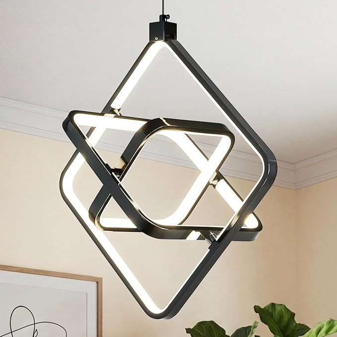 Modern LED Pendant Lights Plated Black Rectangular Pendant Light Fixtures 4000K 35W Dimmable Pendant Lighting for Dining Room Kitchen Island Bedroom Living Room Foyer（3-Ring）