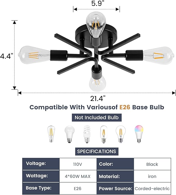 4 Light Farmhouse Sputnik Lighting Fixtures Ceiling Fixtures Black Industrial Flush Mount Lamp Hallway Light Fixture Sputnik Ceiling Lighting for Kitchen Living Room Bedroom Foyer Entryway E26