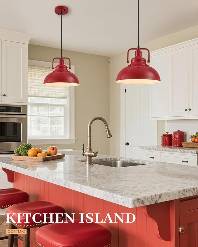 Red Farmhouse Pendant Lights 2 Packs, Metal Kitchen Island Lights, Industrial Vintage Pendant Light for Kitchen, Living Room, Bedroom, Hallway