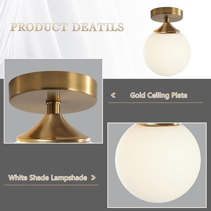 KCO Lighting Small Milk Glass Globe Semi Flush Mount Ceiling Light Mid Century Modern Gold Ceiling Light Fixtures Brass Hallway Light for Hallway Entryway Bedroom