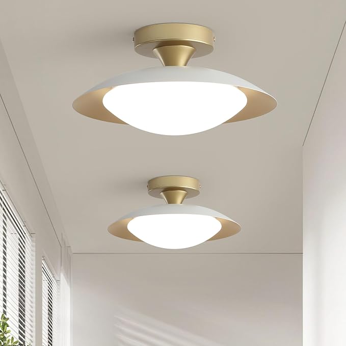 2 Pack Dimmable Mid Century Modern Flush Mount Ceiling Light, White and Gold LED Ceiling Light, 11.8in Kitchen Lighting Fxitures Ceiling with Acrylic Shade for Hallway Bedroom Entryway Laundry Room