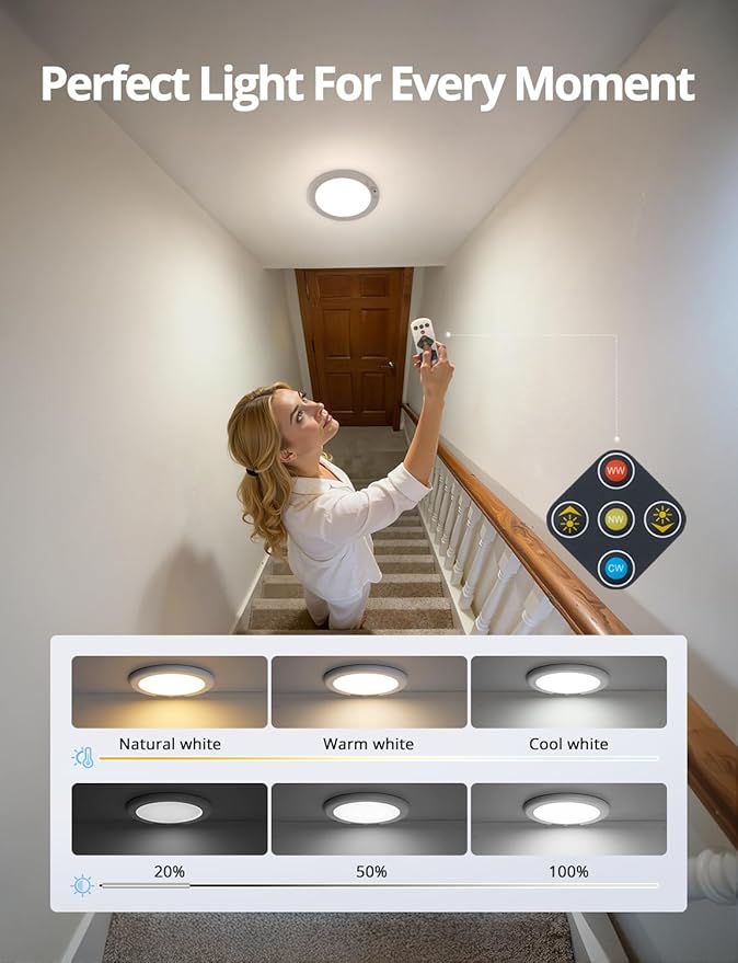 Combuh 2Pack Rechargeable Closet Lights Motion Sensored, Battery Powered Shower Lamp with Remote, Dimming Timing Cordless Ceiling Light Fixture for Pantry Laundry Bathroom Hallway, 7.48Inch, Round