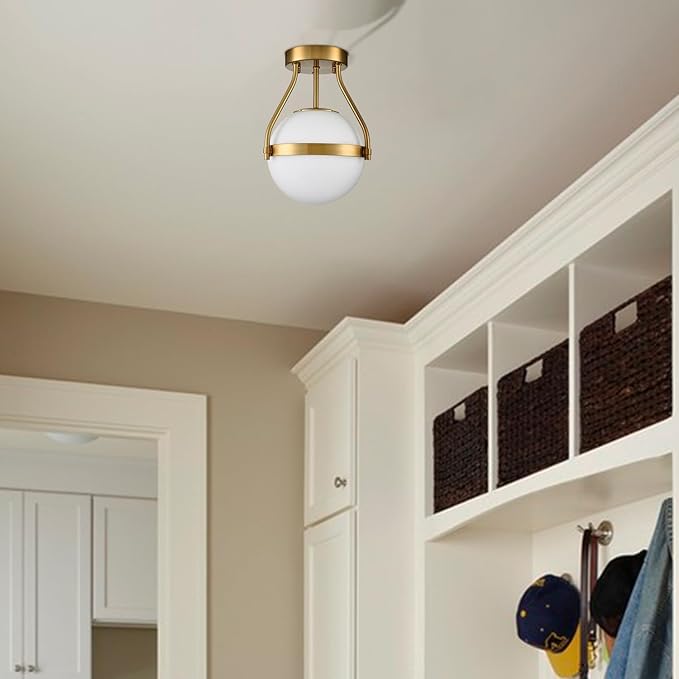 HOLKIRT Modern Light Fixture,Mid Century Semi Flush Mount Ceiling Light,Kitchen Light Fixtures Hallway Light Fixtures Ceiling,Brass Globe Ceiling Light Bedroom with Opal Glass 7Inch/18CM