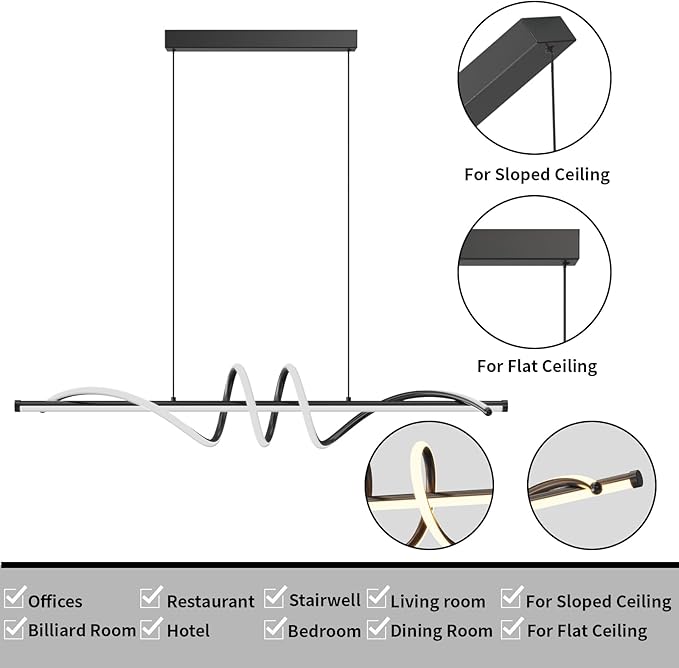 Modern LED Pendant Lights, Ceiling Chandelier Dimmable with Remote Control 3000k-6000K Adjustable Color Temperature, Aluminum Island Lighting Lamp Fixture for Kitchen, Dining Room(47in Black)